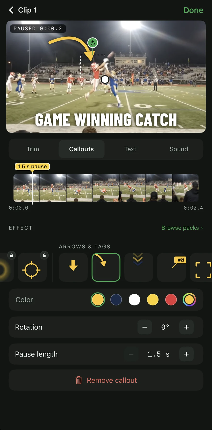 The Callouts tab: the catch frozen with an arrow on the receiver, the pause flag on the clip, and the effect, color, rotation and pause settings