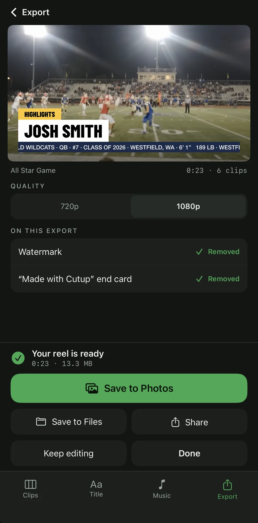 The Export screen: 1080p, the watermark and end card removed, Your reel is ready, 23 seconds, 13.3 MB, with Save to Photos, Save to Files and Share