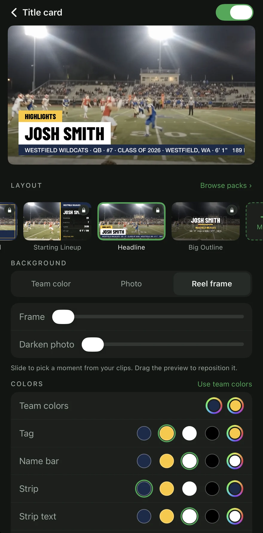 The Title card screen: the Headline layout over a frame from the game, with Josh Smith's name, team and details, and the layouts row
